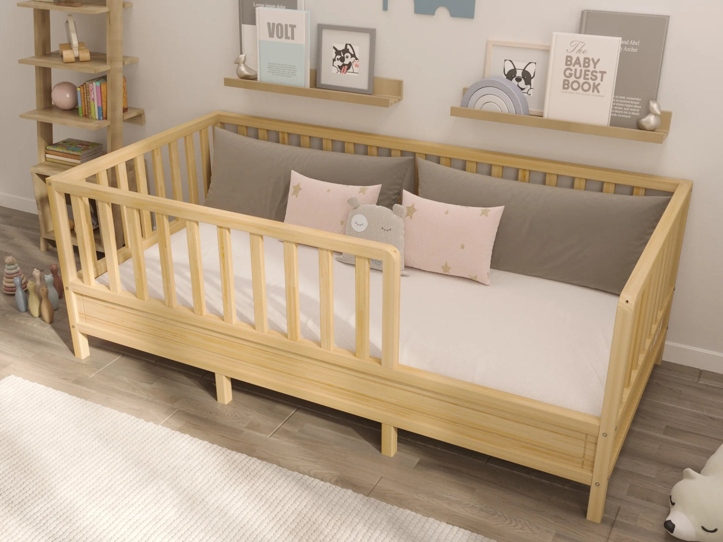 Bodenbett mit Rausfallschutz 90x200
